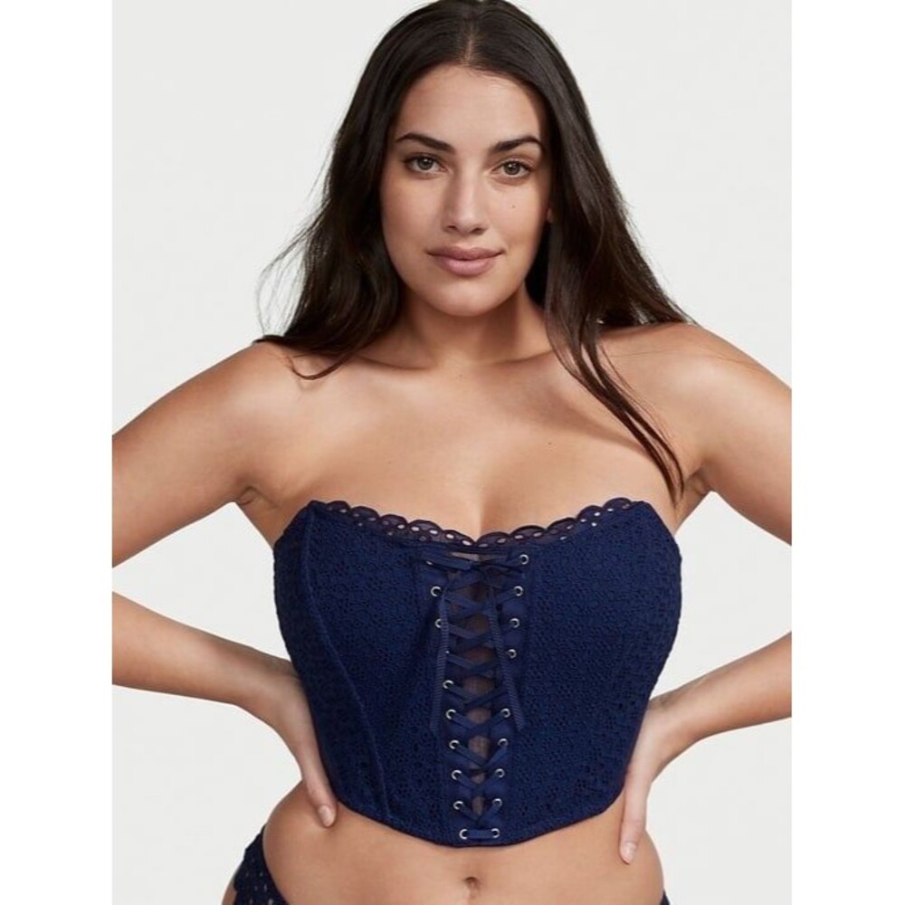 Victoria’s Secret Dream Angels Lace Trimmed Strapless Corset Navy Blue S-DD